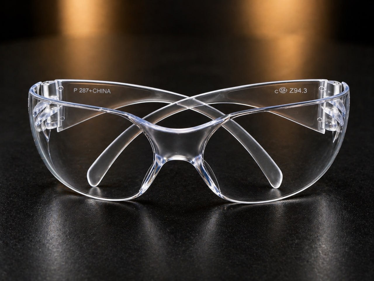 Clear ANSI Z87+ wraparound safety glasses, front view.